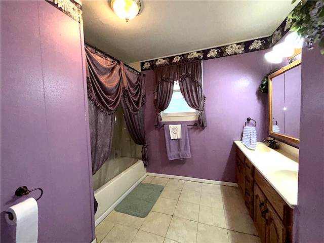 bathroom featuring vanity, tile patterned floors, and shower / bathtub combination with curtain