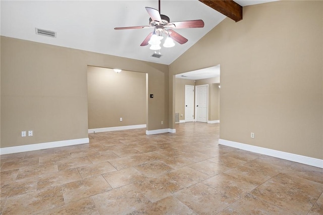 11809 Lori Dr, Corpus Christi, TX 78410 - unfurnished room with beamed ceiling, a ceiling fan, stone tile flooring, baseboards, and high vaulted ceiling