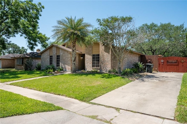 11809 Lori Dr, Corpus Christi, TX 78410 - mid-century home featuring a gate, concrete driveway, brick siding, and stone siding