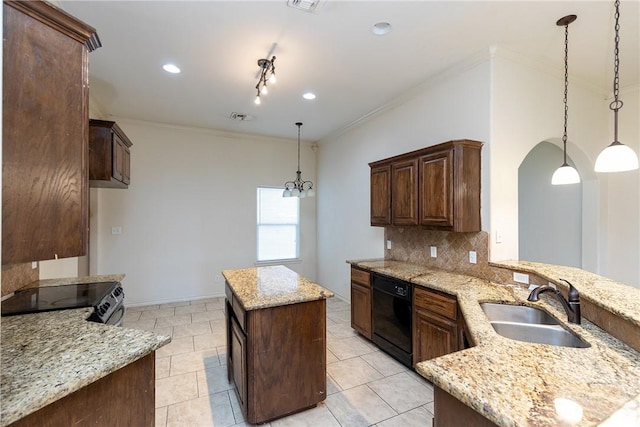 kitchen with a sink, visible vents, ornamental molding, black appliances, and tasteful backsplash