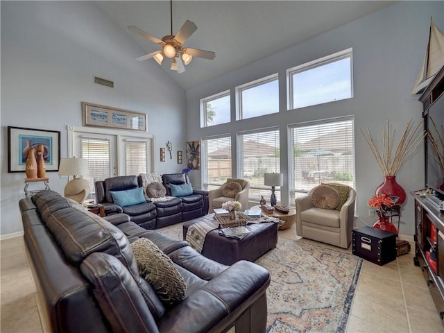 13810 Eaglesnest Bay Dr, Corpus Christi, TX 78418 - living room featuring high vaulted ceiling, ceiling fan, plenty of natural light, light tile patterned floors, and baseboards
