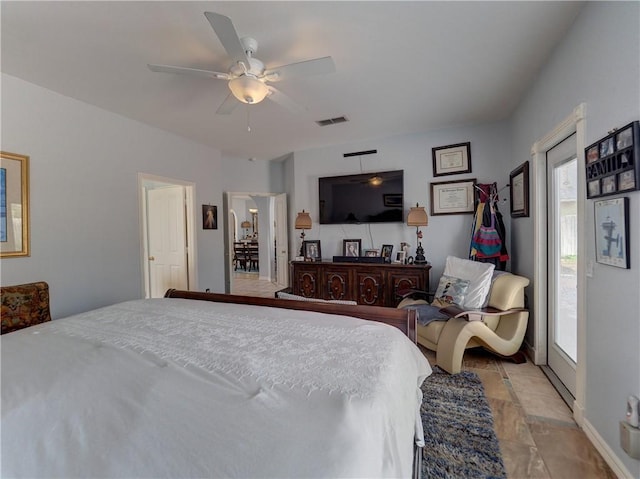 13810 Eaglesnest Bay Dr, Corpus Christi, TX 78418 - bedroom featuring multiple windows, light stone finish flooring, access to exterior, and a ceiling fan