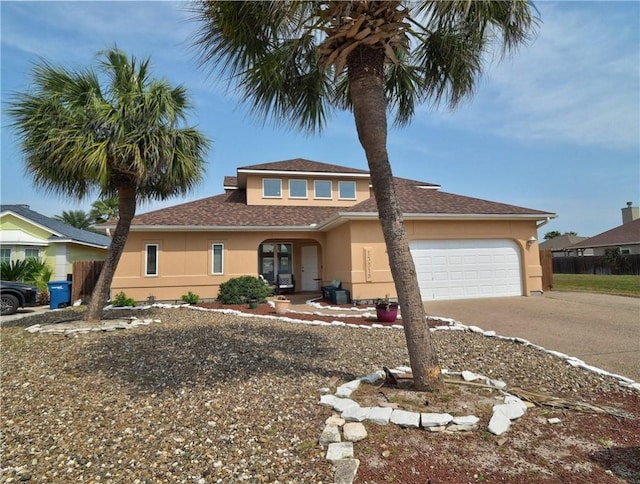 13810 Eaglesnest Bay Dr, Corpus Christi, TX 78418 - view of front of house featuring stucco siding, driveway, a garage, and roof with shingles