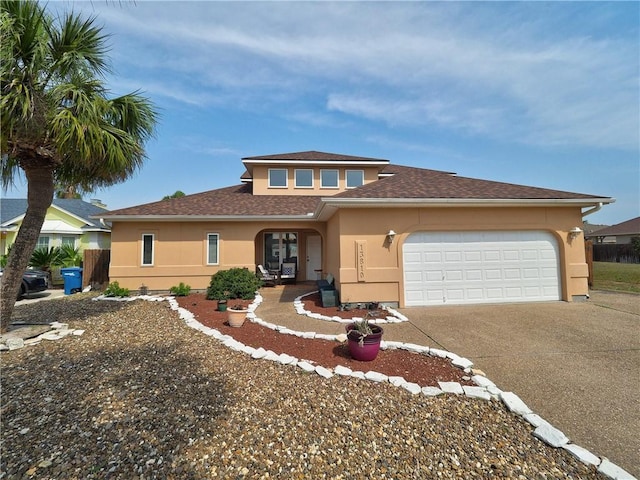 13810 Eaglesnest Bay Dr, Corpus Christi, TX 78418 - view of front facade featuring stucco siding, concrete driveway, a garage, and roof with shingles