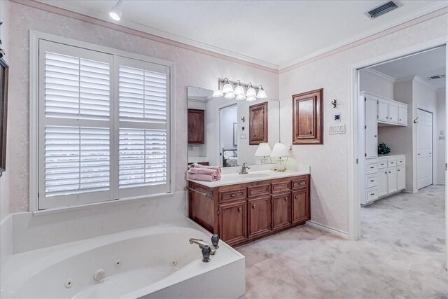 4217 Spring Creek Dr, Corpus Christi, TX 78410 - full bathroom with crown molding, visible vents, vanity, and a jetted tub