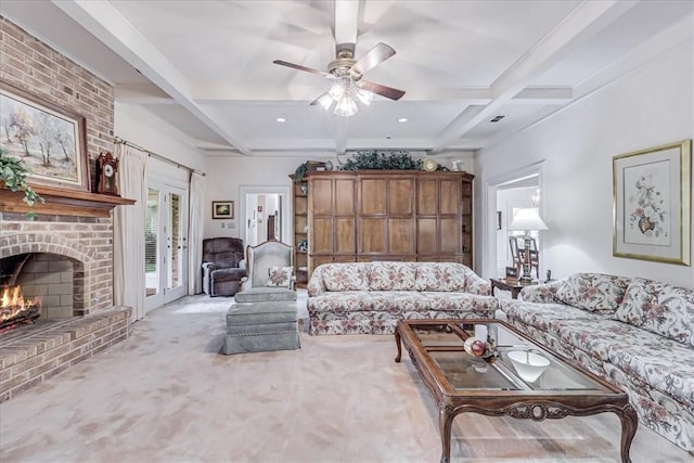 4217 Spring Creek Dr, Corpus Christi, TX 78410 - carpeted living area with a fireplace, ceiling fan, beam ceiling, and coffered ceiling