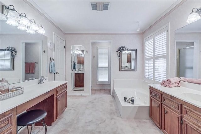 4217 Spring Creek Dr, Corpus Christi, TX 78410 - full bath with a jetted tub, two vanities, a shower stall, visible vents, and ornamental molding