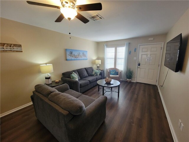 living area featuring dark wood finished floors, visible vents, ceiling fan, and baseboards