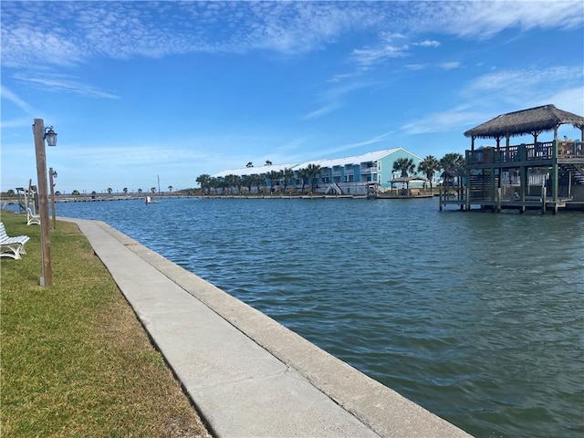 property view of water with a gazebo