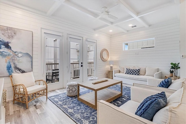 4885 S State Highway 361st St Unit H, Port Aransas, TX 78373 - living area featuring wooden walls, coffered ceiling, wood finished floors, beam ceiling, and ceiling fan