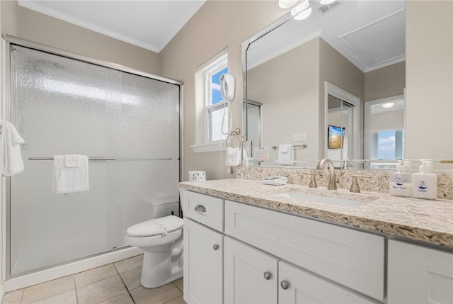 bathroom featuring toilet, tile patterned floors, ornamental molding, vanity, and walk in shower