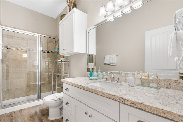 bathroom featuring vanity, wood-type flooring, toilet, and a shower with door