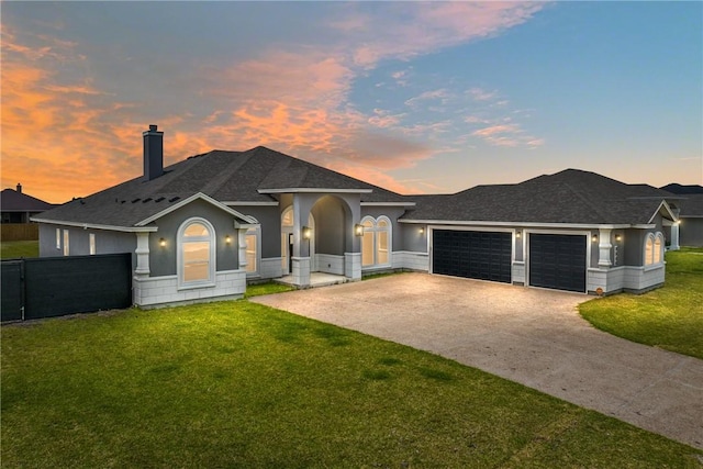 view of front of property featuring a garage and a lawn