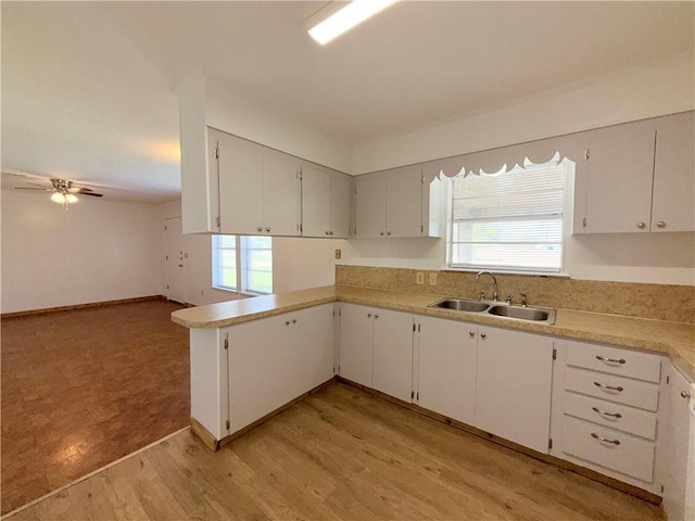kitchen featuring light countertops, light wood-type flooring, a sink, and a healthy amount of sunlight