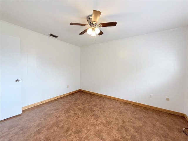 spare room with visible vents, ceiling fan, and baseboards