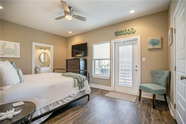 bedroom featuring dark wood-type flooring, access to outside, ceiling fan, and ensuite bath