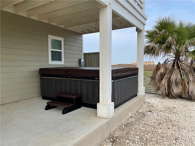 view of patio featuring a hot tub