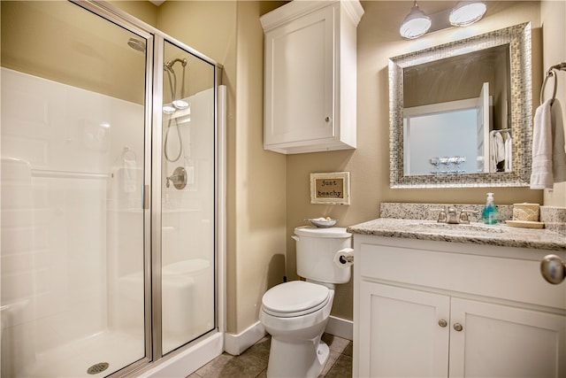 bathroom with tile patterned flooring, vanity, toilet, and a shower with door