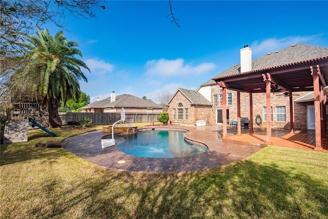 6137 Lemans Dr, Corpus Christi, TX 78414 - view of pool featuring a fenced backyard, a ceiling fan, a playground, a deck, and a patio
