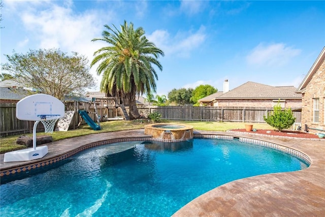 view of pool featuring an in ground hot tub and a playground