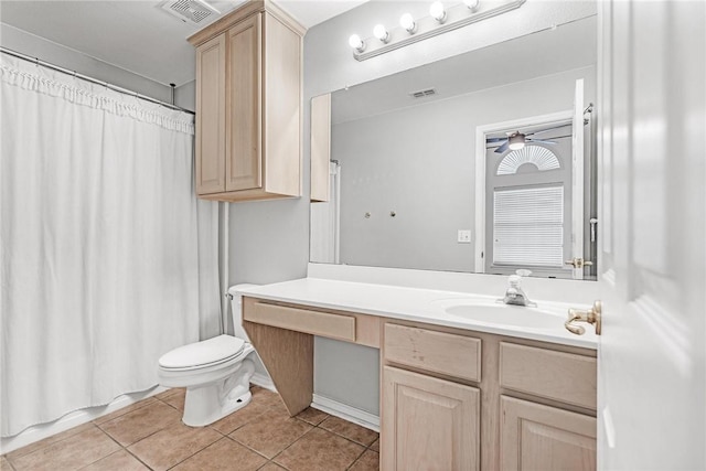 bathroom featuring a shower with shower curtain, vanity, ceiling fan, tile patterned flooring, and toilet