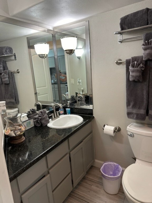 bathroom with hardwood / wood-style floors, vanity, and toilet