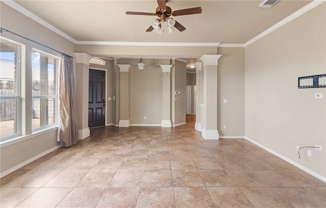7418 Bar T Dr, Corpus Christi, TX 78414 - spare room with decorative columns, ceiling fan, and crown molding
