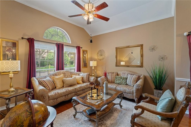 7425 Bourget Dr, Corpus Christi, TX 78413 - living room with ceiling fan, ornamental molding, wood finished floors, and vaulted ceiling