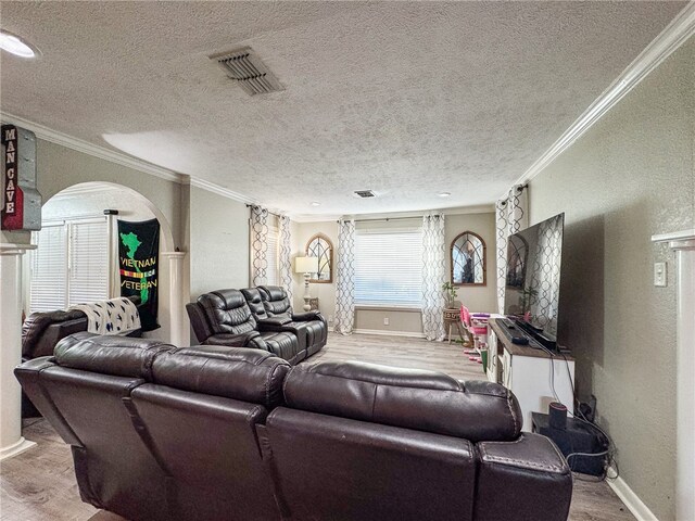 living room featuring ornamental molding, light hardwood / wood-style floors, and a textured ceiling