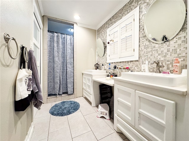 bathroom with crown molding, backsplash, vanity, tile patterned flooring, and curtained shower