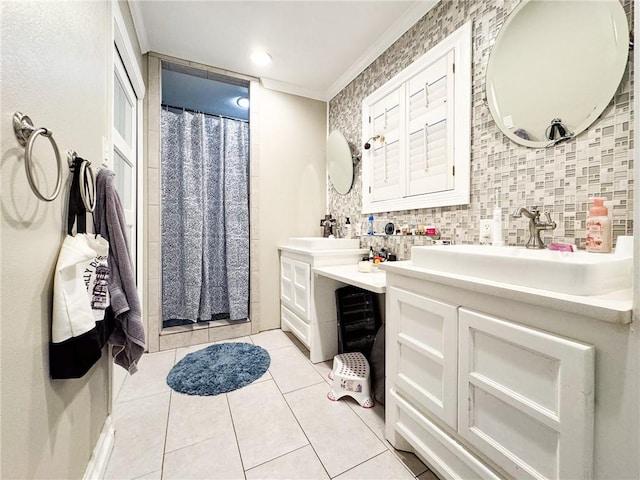 447 Santa Monica Pl, Corpus Christi, TX 78411 - full bathroom with ornamental molding, backsplash, tile patterned flooring, vanity, and curtained shower