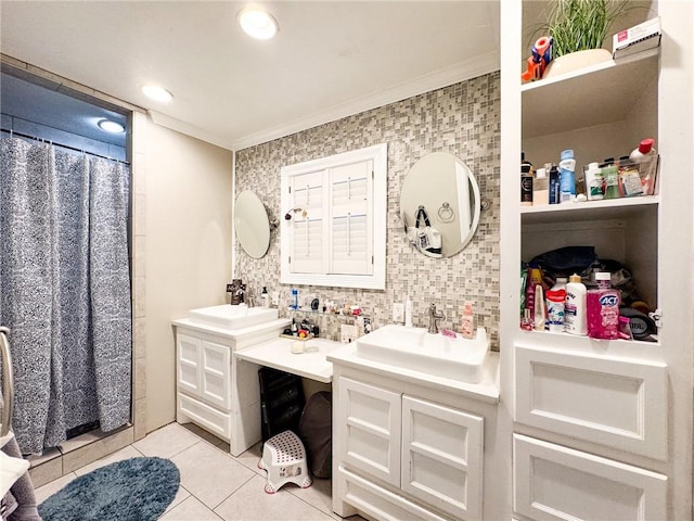 447 Santa Monica Pl, Corpus Christi, TX 78411 - bathroom featuring crown molding, tile patterned flooring, vanity, and curtained shower