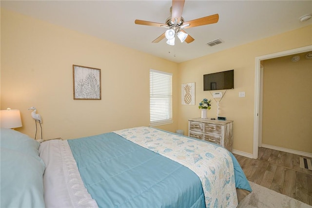 bedroom with ceiling fan and wood-type flooring