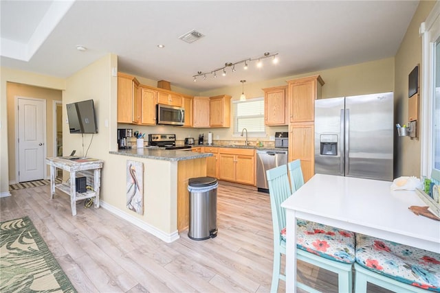 kitchen featuring pendant lighting, sink, light brown cabinetry, light hardwood / wood-style floors, and stainless steel appliances