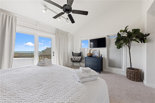 carpeted bedroom featuring ceiling fan, high vaulted ceiling, and access to outside