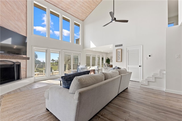 living room featuring light hardwood / wood-style floors, ceiling fan, wood ceiling, and high vaulted ceiling