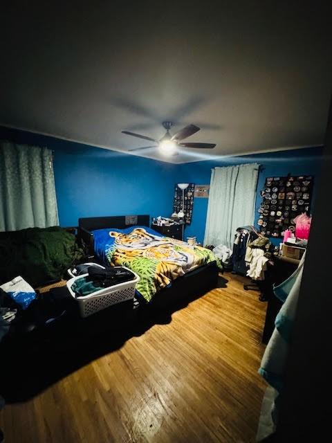 bedroom with ceiling fan and wood-type flooring