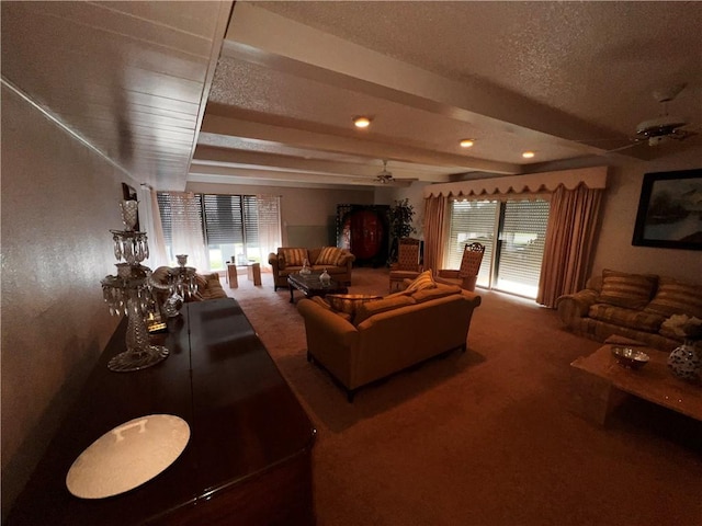 5445 Ocean Dr, Corpus Christi, TX 78412 - carpeted living room with ceiling fan, a textured ceiling, and recessed lighting