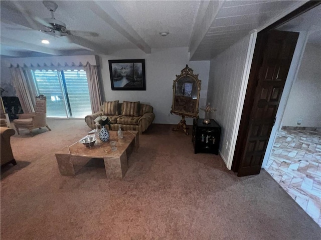 5445 Ocean Dr, Corpus Christi, TX 78412 - carpeted living room featuring a ceiling fan and beam ceiling