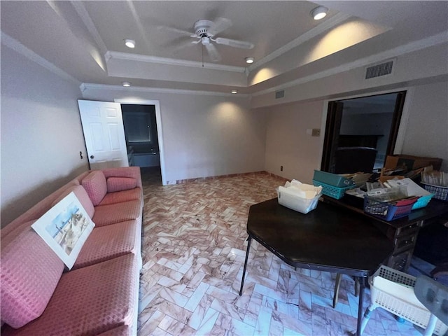 5445 Ocean Dr, Corpus Christi, TX 78412 - living room featuring a raised ceiling, crown molding, recessed lighting, and a ceiling fan