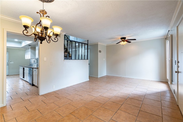 spare room featuring ornamental molding, ceiling fan with notable chandelier, a textured ceiling, and sink