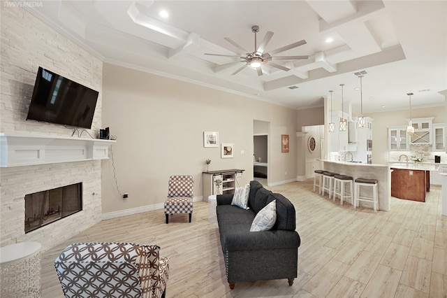 living room with a stone fireplace, crown molding, and light hardwood / wood-style flooring