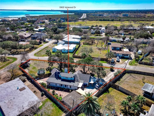 drone / aerial view featuring a water view