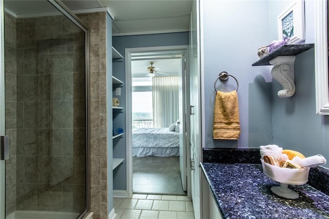 4600 Ocean Dr Unit 505, Corpus Christi, TX 78412 - full bathroom featuring ensuite bath, ceiling fan, a stall shower, and vanity