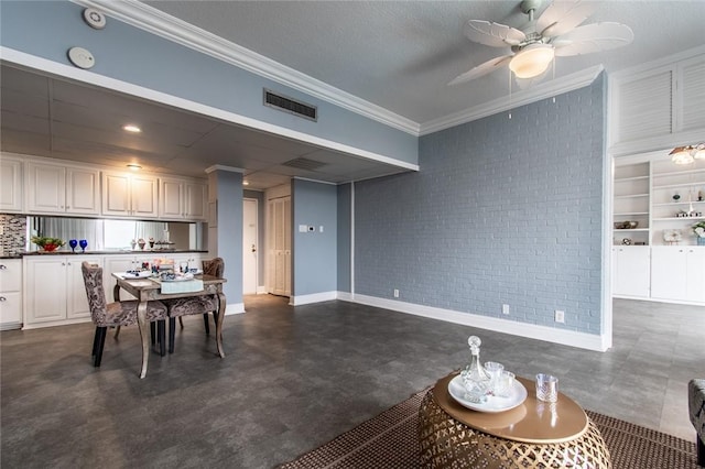4600 Ocean Dr Unit 505, Corpus Christi, TX 78412 - dining room featuring brick wall, crown molding, ceiling fan, and finished concrete flooring