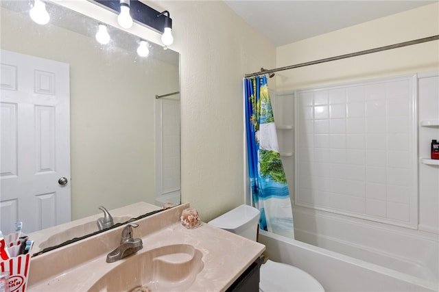 full bathroom featuring toilet, vanity, and shower / bathtub combination with curtain