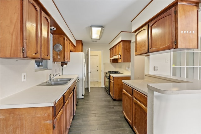 kitchen with dark hardwood / wood-style flooring, black gas range, and sink