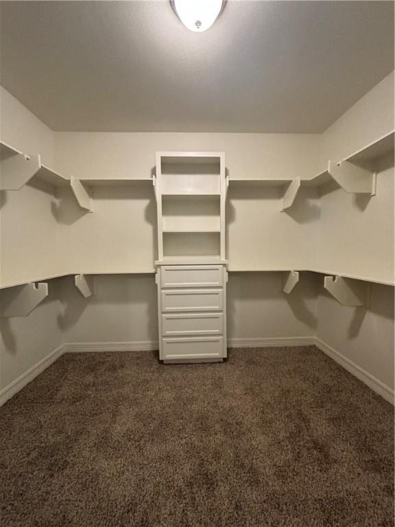 walk in closet featuring dark carpet