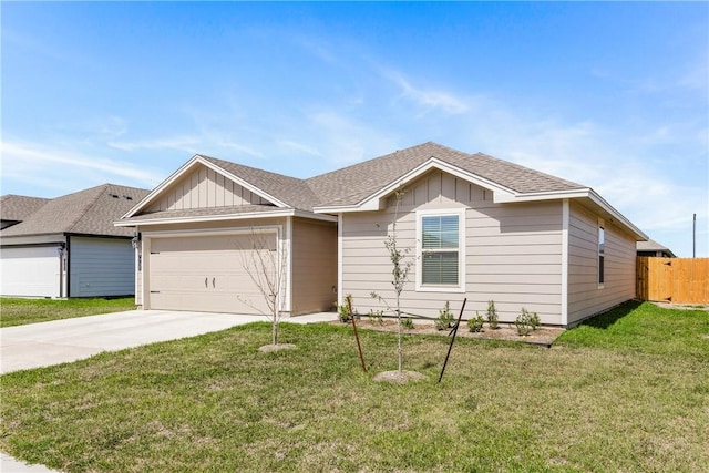 ranch-style house with board and batten siding, a front lawn, driveway, and a garage