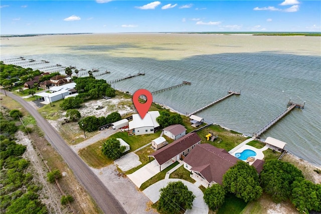 aerial view featuring a water view
